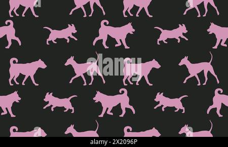 Verschiedene Hunde in verschiedenen Posen. Isoliert auf schwarzem Hintergrund. Nahtloses Muster. Endlose Textur. Design für Stoff, Dekor, Tapete, Druck. Vektor Stock Vektor