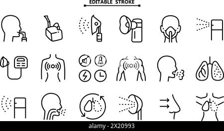 Entnahme der Vernebler-Zeichen. Bearbeitbare Kontur. Medizinische Geräte zur Inhalation bei Krankheiten, Asthma, Bronchitis. Vektorsatz von Verneblern von Differe Stock Vektor