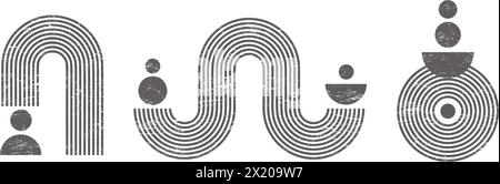 Geometrische Linien Zen-Muster. Abstrakte schwarze Bögen und Formen. Gleichgewichtszahlen mit linearen Umrisslinien. Nordische minimale organische Zeichnungen Stock Vektor