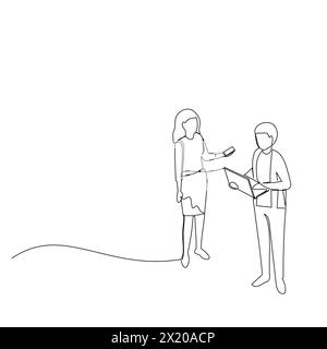 Geschäftsfrau und Geschäftsmann mit Laptop, die sich unterhalten. Effektive Kommunikation im Geschäftskonzept. Einfacher Vektor für kontinuierliche Linienzeichnung Stock Vektor