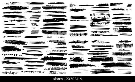 Illustration des großen Satzes des Pinselstrichs unterstreichen. Scribble Pen Kritzelfarbe und Pinselstrichmarker. Skizzenkollektion mit gestreiftem Rand und gezeichnetem h Stock Vektor