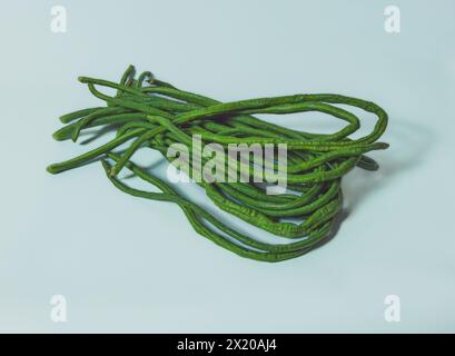 Ein Nahaufnahme-Foto von einem Haufen frischer grüner Bohnen auf weißem Hintergrund. Die Bohnen haben eine leuchtende grüne Farbe und haben einige Feuchtigkeitströpfchen auf ihren n Stockfoto
