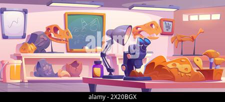 Dinosaurier-Fossil und -Stein im Archäologiemuseum oder Labor. Ammoniit, Fußabdruck und prähistorische Evolutionsbeweise. Tierskelett-, Knochen- und Reptilienanalyse im Universitätslabor mit Lupe Stock Vektor