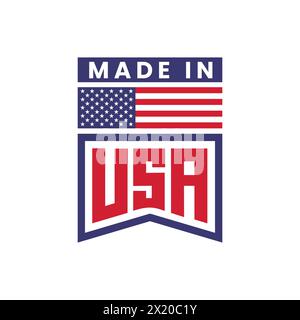 Made in USA Logo Design mit amerikanischer Flagge Vektor Illustration. Rot und blau. Made in USA Etikett, Stempel, Siegel, Etikett, Abzeichen, Aufkleber, Emblem, Symbol Stock Vektor