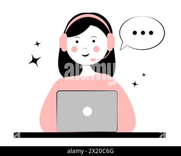 Callcenter. Frau in Kopfhörern mit Laptop auf weißem Hintergrund. Technischer Support Stock Vektor