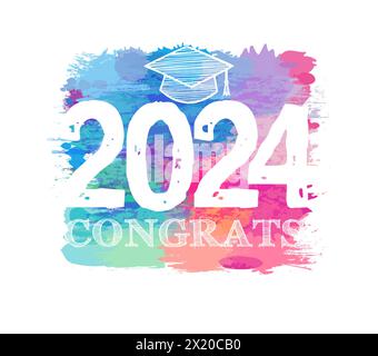 Niedliches farbenfrohes Banner für 2024 Absolventen. Gratulation Konzept. Modernes Symbol oder Logo. Web-Schaltfläche. Moderne Textur mit Bürsten Stock Vektor