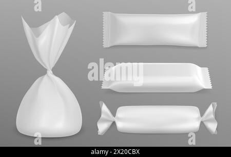Weißes, leeres Bonbonpapier-Modell. Realistische 3D-Vektor-Illustration Set von Schokolade und Bonbon-Paket-Vorlage. Süßes Dessert Snack Plastikbehälter und Beutel. Folienbeutel und -Paket für Süßwaren. Stock Vektor