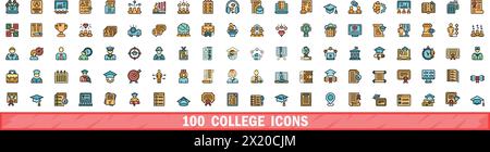 100 College-Symbole gesetzt. Farblinie Satz von College-Vektorsymbolen dünne Linie Farbe flach auf weiß Stock Vektor