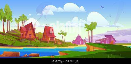 Dorf oder Hotel Holzhütten am Ufer des Flusses oder Sees. Cartoon Vektor Sommerlandschaft mit Holz gemütliche Häuser am Ufer des Teichs oder Meer mit grünem Gras und Bäumen. Landschaft für Urlaub. Stock Vektor