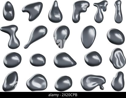 Flüssige Chromelemente. Geschmolzene Metallformen, abstrakte Silbertröpfchen und metallische Klumpen. Illustration des reflektierenden Oberflächenfluidvektors geschmolzenes Titan Stock Vektor