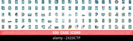 100 Symbole für Gehäuse gesetzt. Farblinie Satz von Case Vector Symbolen dünne Linie Farbe flach auf weiß Stock Vektor