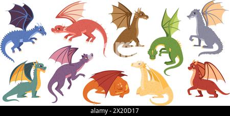 Magische Drachen. Mythische Kreaturen, fliegende Drachen und Fantasy-Monster isolierte Cartoon-Vektor-Illustration Set von Tier Drachen Fantasy, magische Monster Stock Vektor