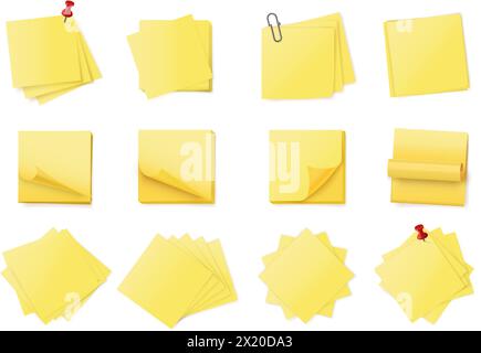 Stapel gelber Haftnotizen. Gestapelte selbstklebende Notizblöcke mit gewellter Ecke, Büroklammern und Stecknadeln. Leere Notizen, Erinnerungen oder Vektor für Büronachrichten Stock Vektor