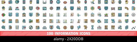 100 Informationssymbole eingestellt. Farblinie Satz von Informationsvektorsymbolen dünne Linie Farbe flach auf weiß Stock Vektor