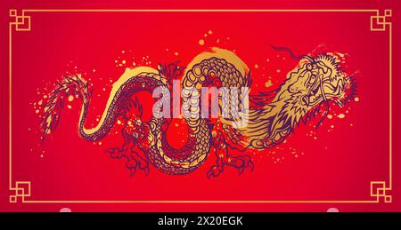 Vektor-Illustration eines goldenen chinesischen Drachen. Tätowierung des asiatischen Drachen auf rotem Hintergrund im asiatischen Stil. Chinesisches Neujahr 2024. Stock Vektor