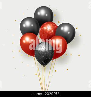 Festliche, realistische Ballons in Schwarz und Rot mit zufälligem fliegendem Glitzer-Konfetti. 3D-Vektordarstellung Stock Vektor