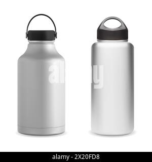 Edelstahl-Wasserflasche Design, Vektor-Illustration. Aluminium Thermoflasche Modell, Camping Marke Promotion Probe. Wiederverwendbare Getränkeverpackung templ Stock Vektor