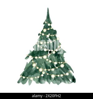 Weihnachtsbaum mit leuchtenden Girlande Lichtern Aquarellskizze Illustration für Happy New Year Grußkarten Stockfoto