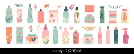 Organische Hautpflegekosmetik. Beauty-Creme natürlichen Peeling und Öko-Shampoo, Make-up Produkte in verschiedenen Verpackungen. Vector Flaschen Gläser Röhrchen für Gesicht Stock Vektor