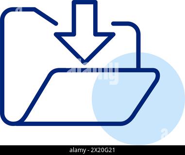 Öffnen Sie den Ordner mit dem Pfeil nach unten. Laden Sie Dateien herunter, die im Ordner gespeichert sind. Dateispeicher und -Zugriff. Vektorsymbol Stock Vektor