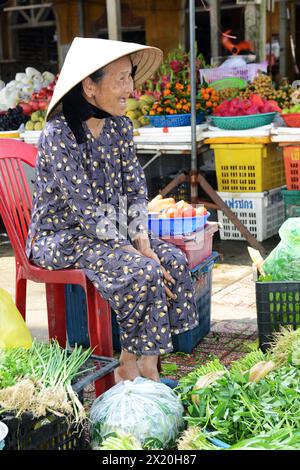 Porträt einer älteren vietnamesischen Frau, aufgenommen auf einem lokalen Markt in Hội an, Vietnam. Stockfoto