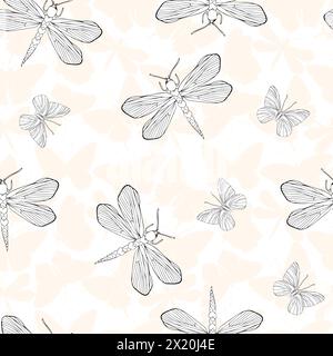 Schmetterlinge Libelle Silhouette Vektor nahtlose Muster Hintergrund für Textil, Stoff, Tapete, Scrapbook. Insekten mit Flügelzeichnung für die Oberfläche Stock Vektor