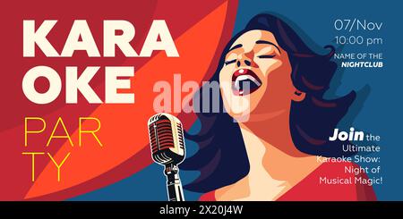 Karaoke-Party zeigt horizontales Banner. Musik Nachtclub Festival Zeichnen Kunstplakat. Die Frau singt ein Lied in das Mikrofon. Plakatschablone für musikalische Veranstaltungen mit singendem Mädchen. Trendiges Typografie-Cover-Design Stock Vektor
