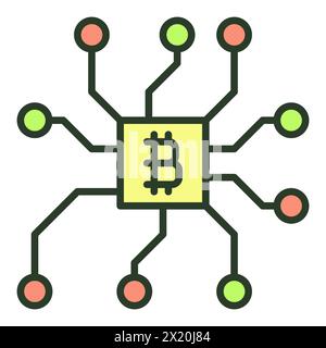 Computerchip mit Bitcoin-Zeichenvektor Kryptowährungskonzept farbiges Symbol oder Zeichen Stock Vektor