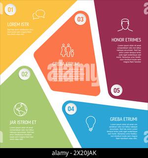 Abstrakte Schemavorlage mit fünf pastellfarbenen Abschnitten oder Fortschrittsvorlage mit fünf Schritten auf weißem Hintergrund mit Zahlensymbolen und kurzem Beispiel Stock Vektor