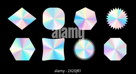 Satz realistischer Hologramme unterschiedlicher Formen. Farbverlauf des Regenbogens. 3D-Vektor isoliert auf schwarzem Hintergrund. Stock Vektor