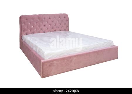 Doppelbett mit weichem Kopfteil. Gepolsterte Möbel. Stockfoto