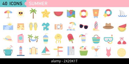 Farbenfrohes Sommerset. Designelemente für Sommerferien – Accessoires, tropische Pflanzen, Strandartikel, Reise- und Sportobjekte usw. Vektorabbildung Stock Vektor