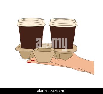 Weibliche Hände, die Kaffeetassen in der Halterung halten. Stock Vektor