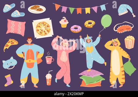 Schlummerparty. Lächelnde Menschen im Pyjama Einsamkeiten oder Kigurumi, festliche Kissen Nacht Cartoon Vektor Illustration Set von Schlaf Pyjama, Freundschaft Sleepo Stock Vektor