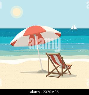 Strandlandschaft mit Liege und Sonnenschirm auf dem Sand. Sommer-Vektor-Illustration Stock Vektor