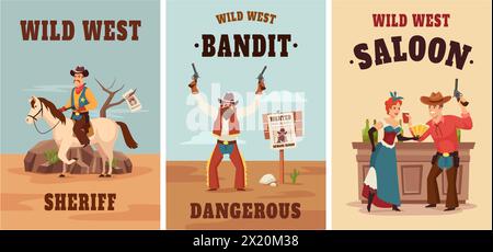 Poster des Wilden Westens. Sheriff Abenteuer, gefährlicher gesuchter Bandit und Saloon Szene Vektor Illustration Set von Cowboy Sheriff Abenteuer, wilde Vintage ameri Stock Vektor