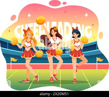 Cheerleader Girl Vektor Illustration mit Cheerleading Pom Poms des Tanzens und Springens zum Support Team Sport während des Wettbewerbs auf flachem Hintergrund Stock Vektor