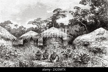 Indigene afrikanische Ureinwohner des Dorfes Kameruka, Uganda, Ostafrika. Zeichnung von Edouard Riou (1833–1900) die Seen des äquatorialen Afrika, Entdeckungsreise 1883-1885 von Victor Giraud (1858–1898) Le Tour du Monde 1886 Stockfoto