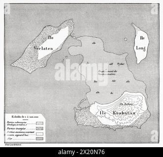 Karte der Inseln Krakatau, Terlaten und lang nach der Katastrophe von 1883. Indonesien. Krakatau and the Sunda Strait 1884 von Edmond Cotteau (1833–1896) Le Tour du Monde 1886 Stockfoto