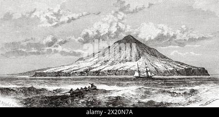 Blick auf die Vulkaninsel Krakatoa, Sunda Strait. Indonesien. Zeichnung von Theodor Weber (1838–1907) Krakatau und die Sundastraße 1884 des französischen Journalisten Edmond Cotteau (1833–1896) Le Tour du Monde 1886 Stockfoto