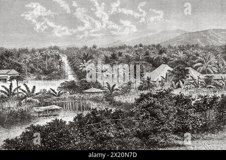 Telok Betong vor der Katastrophe 1883, Java Island. Indonesien. Zeichnung von Alexandre de Bar (1821–1908) Krakatau und die Sundastraße 1884 des französischen Journalisten Edmond Cotteau (1833–1896) Le Tour du Monde 1886 Stockfoto