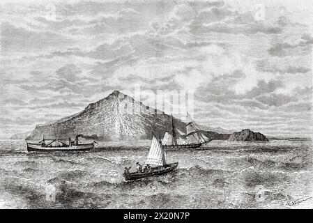 Blick auf die Vulkaninsel Krakatoa, Sunda Strait. Indonesien. Zeichnung von Theodor Weber (1838–1907) Krakatau und die Sundastraße 1884 des französischen Journalisten Edmond Cotteau (1833–1896) Le Tour du Monde 1886 Stockfoto