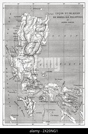 Alte Karte der Philippinen, Südasien. Luzon und Palawan, sechs Jahre Reise auf den Philippinen von Alfred Marche (1844–1898) Le Tour du Monde 1886 Stockfoto