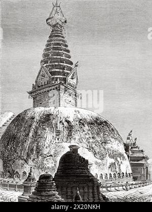 Swayambhunath Stupa, eine Vielzahl von Schreinen und Tempeln, bekannt als der Affentempel, ein alter religiöser Komplex auf einem Hügel im Kathmandu-Tal. Nepal. Asien. Zeichnung von P. Sellier. Reisen Sie mit Doktor Gustave Le Bon (1841-1931) Le Tour du Monde 1886 nach Nepal Stockfoto