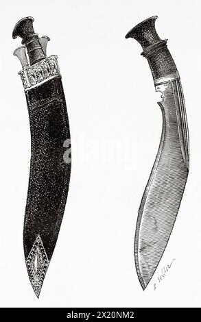 Das Kukri-Messer ist eine Art Kurzschwert mit einer kurvenförmigen Kurve, die vom indischen Subkontinent stammt. Nepal. Asien. Zeichnung von P. Sellier. Reisen Sie mit Doktor Gustave Le Bon (1841-1931) Le Tour du Monde 1886 nach Nepal Stockfoto