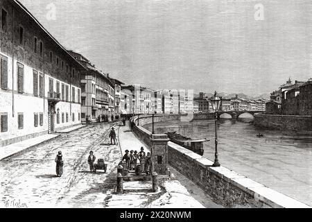 Lungarni di Pisa. Lungarno, Arno, Pisa. Toskana, Italien. Europa. Zeichnung von Taylor. Reisen Sie durch die Toskana 1881 mit Eugene Muntz (1845 - 1902) Le Tour du Monde 1886 Stockfoto