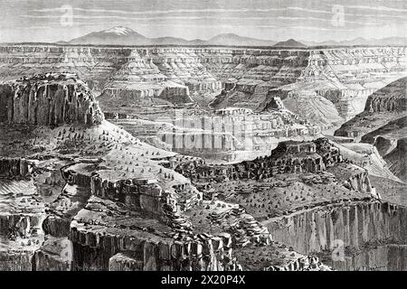 Grand Canyon Landschaft, Arizona. Usa. Zeichnung von Albert Tissandier. Die Entdeckungsreise in Utah und Arizona, Kanab und dem Kaibab-Plateau im Jahr 1885. Le Tour du Monde 1886 Stockfoto