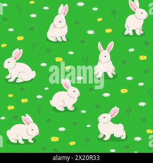 Süße lächelnde kleine Häschen spielen auf grüner Wiese. Nahtloses Hintergrundmuster. Handgezeichnetes Zeichentrickbaby-Kaninchen in verschiedenen Posen, die Spaß in gre haben Stock Vektor