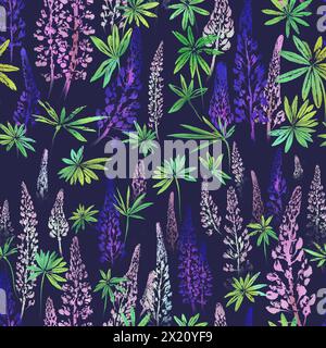 Lupinenblüten und -Blätter im floralen nahtlosen Muster in Drucktechnik auf dunklem Fliederhintergrund. Kann zum Bedrucken von Textilien, Tapeten in A verwendet werden Stockfoto