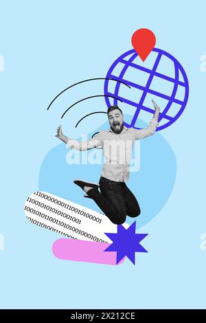 Vertikale Fotocollage des aufgeregten Guy Jump wifi-Zeichen schnelle Internetverbindung Emblem Globus Planet Netzwerk isoliert auf gemalten Hintergrund Stockfoto